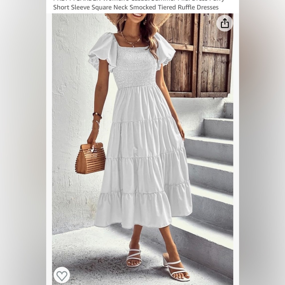 Smocked Square Neck White Midi Dress
